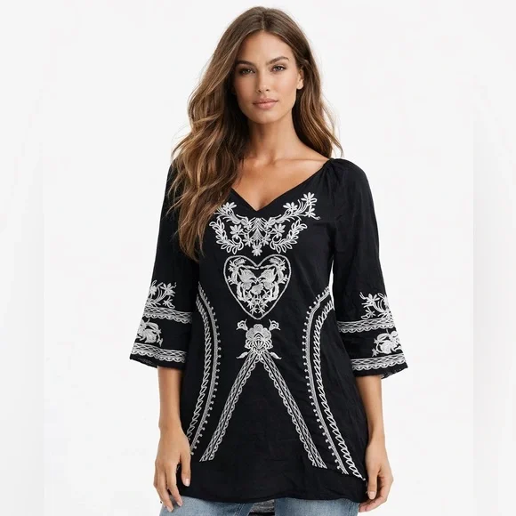 Johnny Was Black and White Embroidered Boho Tunic Blouse - Picture 2 of 14